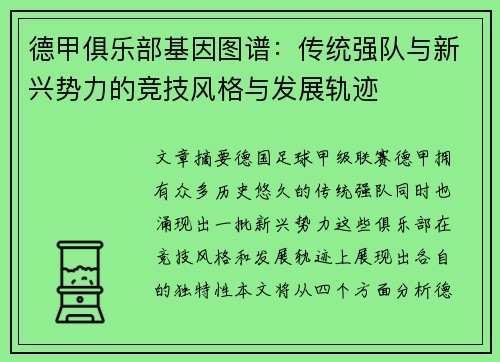 德甲俱乐部基因图谱：传统强队与新兴势力的竞技风格与发展轨迹