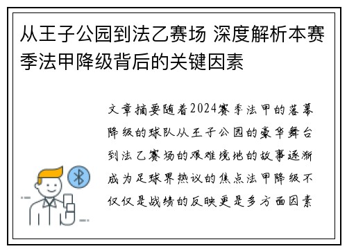 从王子公园到法乙赛场 深度解析本赛季法甲降级背后的关键因素