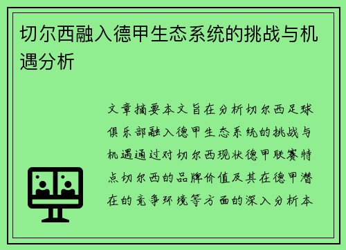 切尔西融入德甲生态系统的挑战与机遇分析