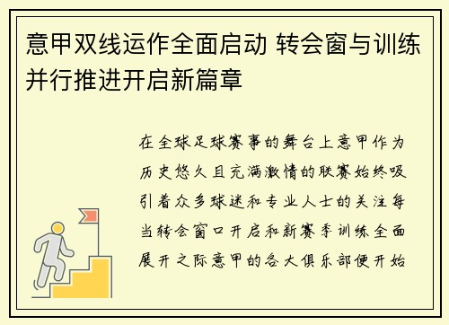 意甲双线运作全面启动 转会窗与训练并行推进开启新篇章