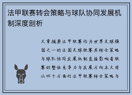 法甲联赛转会策略与球队协同发展机制深度剖析