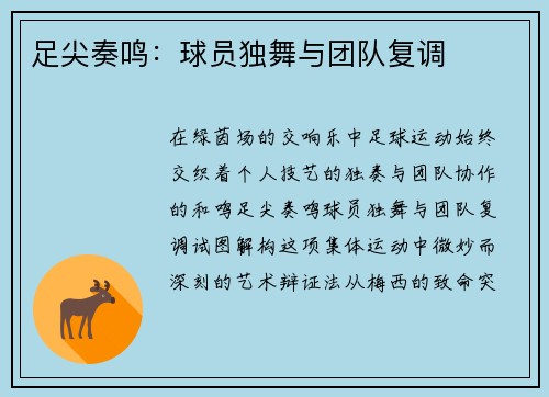 足尖奏鸣：球员独舞与团队复调