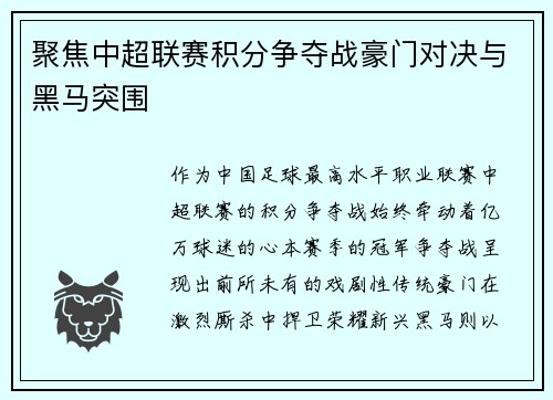 聚焦中超联赛积分争夺战豪门对决与黑马突围